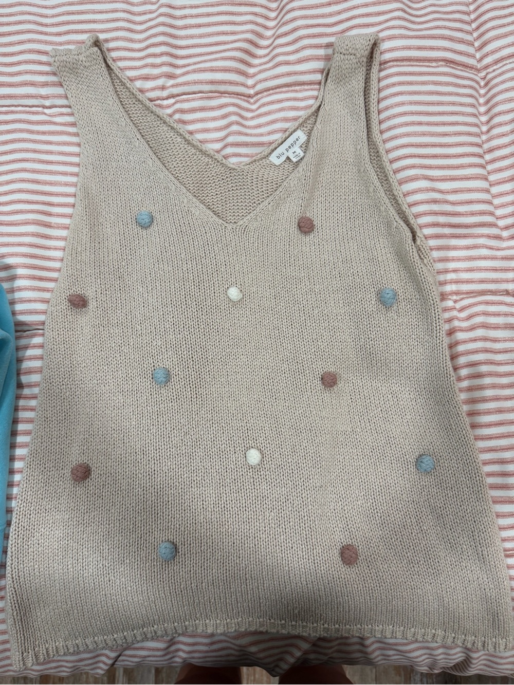 Blu Pepper Beige Knit Tank Top with Blue, Brown & Cream Pom Dots